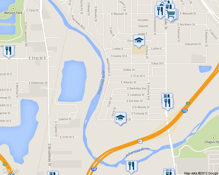 map of restaurants, bars, coffee shops, grocery stores, and more near 3320 South Washington Avenue in Wichita