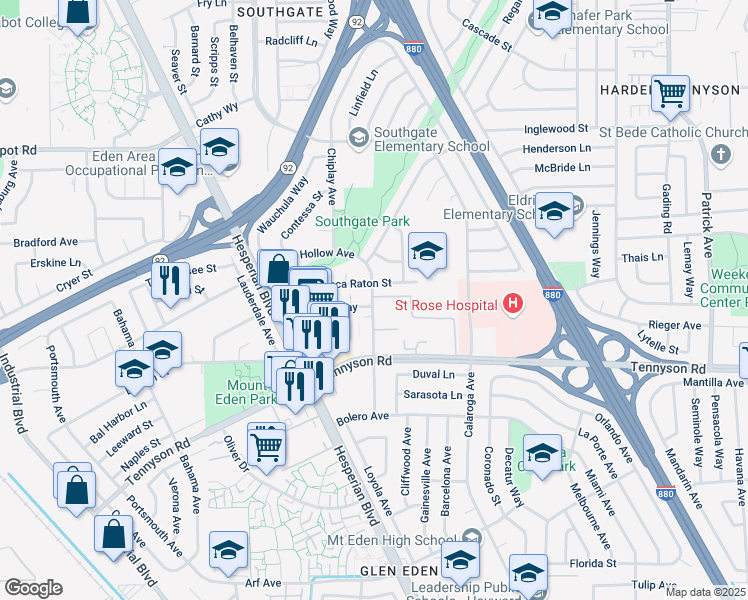 map of restaurants, bars, coffee shops, grocery stores, and more near 27211 Sleepy Hollow Avenue South in Hayward