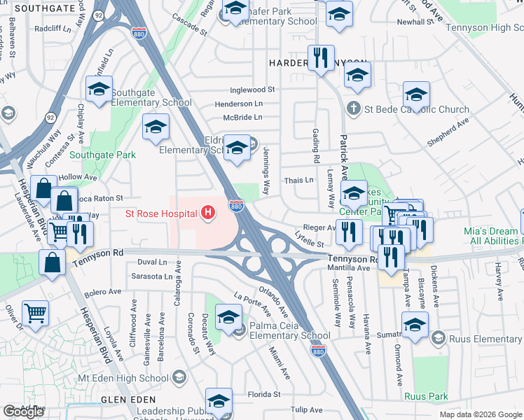 map of restaurants, bars, coffee shops, grocery stores, and more near 1554 Rieger Avenue in Hayward