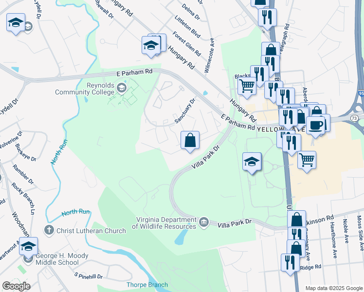 map of restaurants, bars, coffee shops, grocery stores, and more near 1517 Rapunzel Way in Henrico