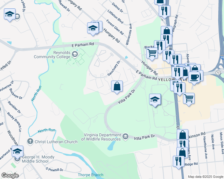 map of restaurants, bars, coffee shops, grocery stores, and more near 1517 Rapunzel Way in Henrico