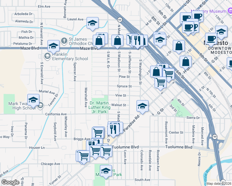 map of restaurants, bars, coffee shops, grocery stores, and more near 308 Vine Street in Modesto