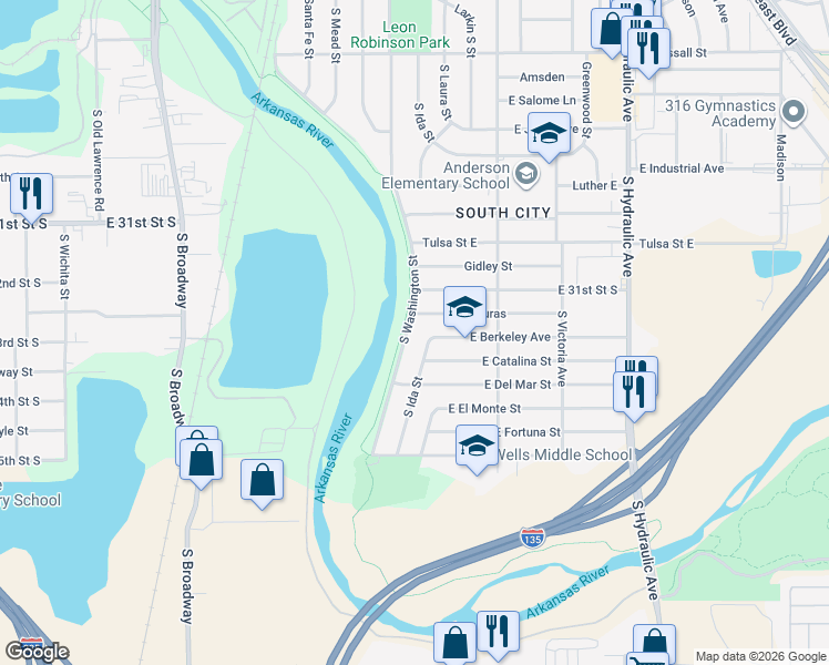 map of restaurants, bars, coffee shops, grocery stores, and more near 3312 South Washington Avenue in Wichita