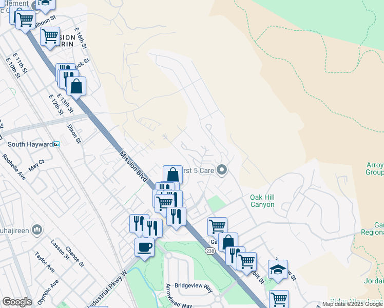 map of restaurants, bars, coffee shops, grocery stores, and more near 685 Dartmore Lane in Hayward
