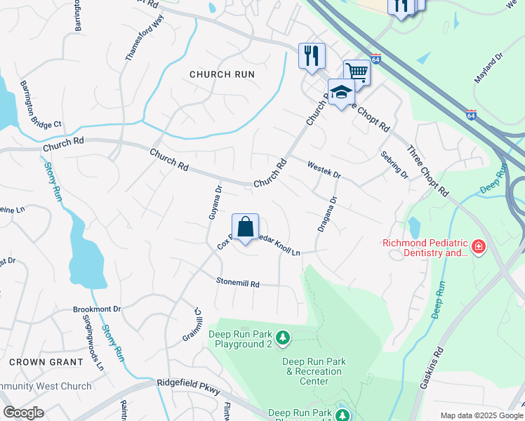 map of restaurants, bars, coffee shops, grocery stores, and more near 2508 Cedar Knoll Court in Richmond