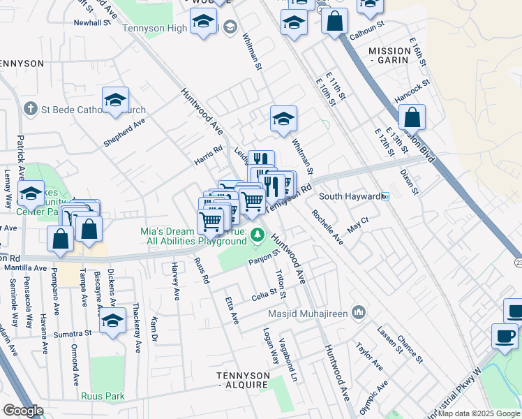 map of restaurants, bars, coffee shops, grocery stores, and more near 27935 Manon Ave in Hayward