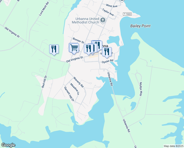 map of restaurants, bars, coffee shops, grocery stores, and more near 240 Watling Street in Urbanna
