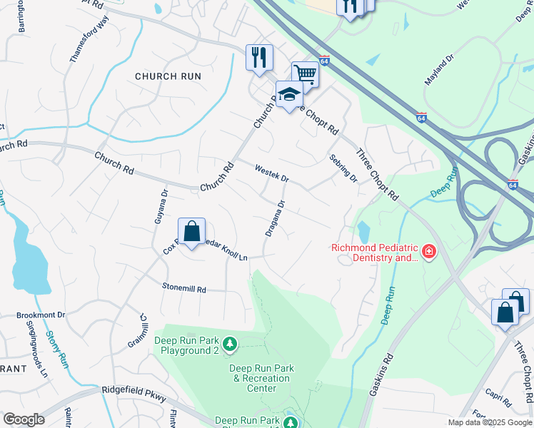 map of restaurants, bars, coffee shops, grocery stores, and more near 10902 Branberry Lane in Richmond