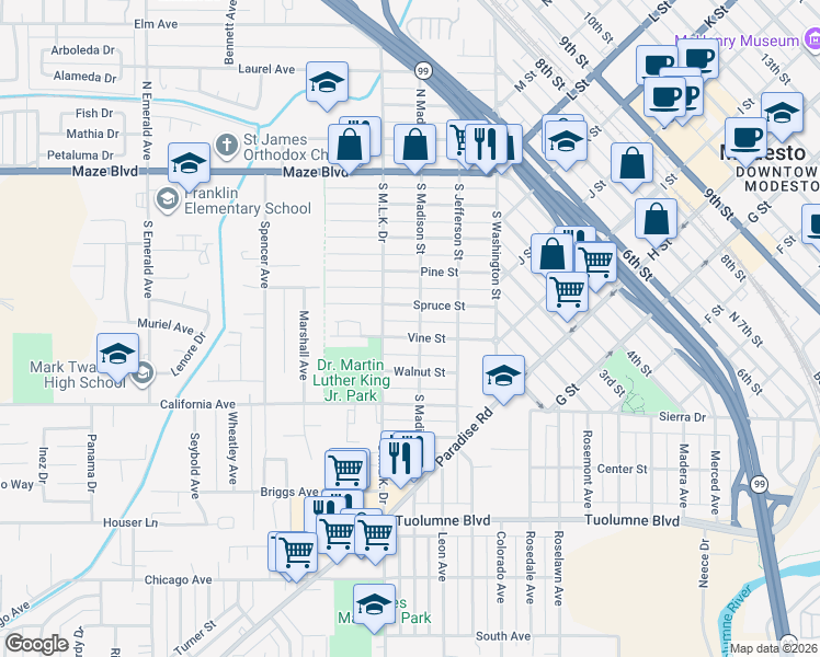 map of restaurants, bars, coffee shops, grocery stores, and more near 308 Vine Street in Modesto
