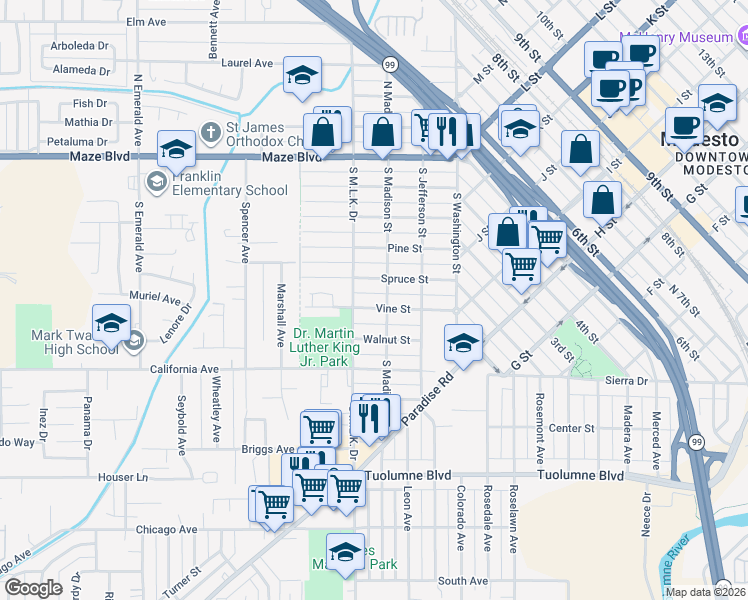 map of restaurants, bars, coffee shops, grocery stores, and more near 312 Vine Street in Modesto