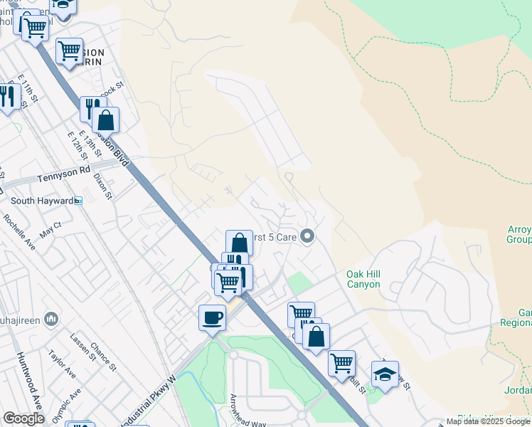 map of restaurants, bars, coffee shops, grocery stores, and more near 685 Dartmore Lane in Hayward