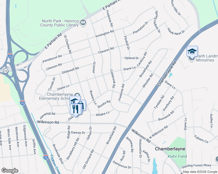 map of restaurants, bars, coffee shops, grocery stores, and more near 8201 Franconia Road in Richmond