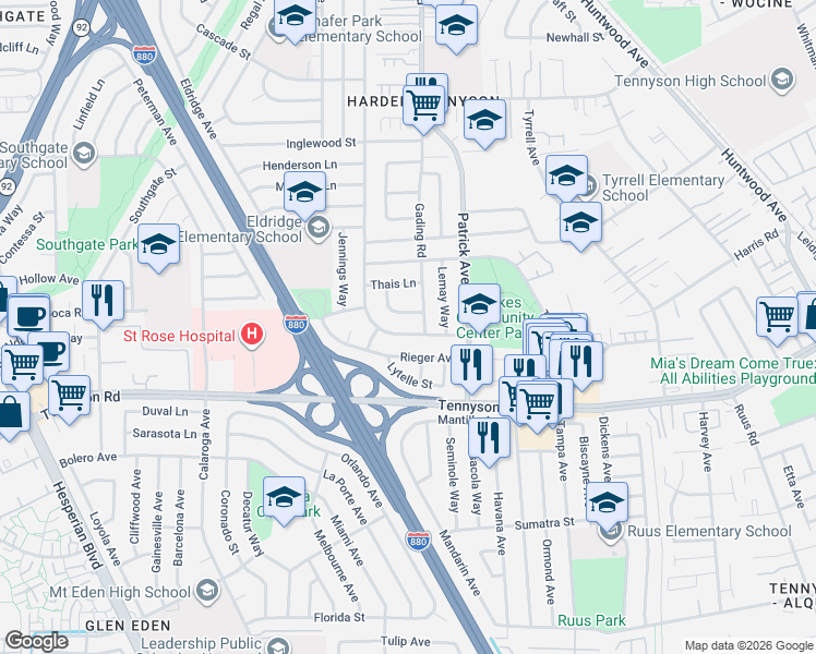 map of restaurants, bars, coffee shops, grocery stores, and more near 1457 Roosevelt Avenue in Hayward