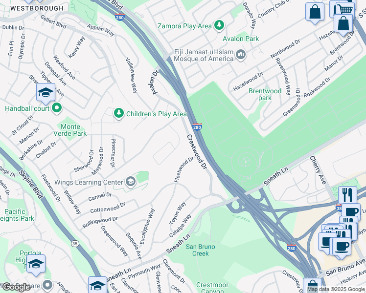map of restaurants, bars, coffee shops, grocery stores, and more near 199 Fernwood Drive in San Bruno