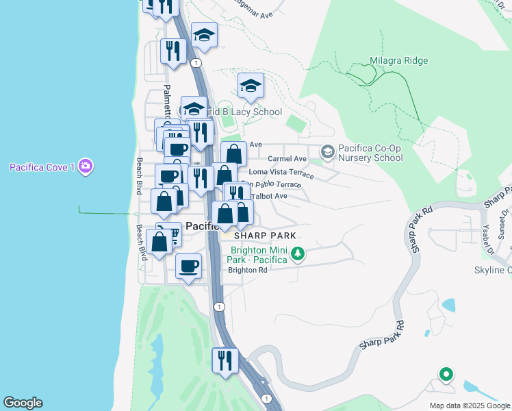 map of restaurants, bars, coffee shops, grocery stores, and more near 360 Talbot Avenue in Pacifica
