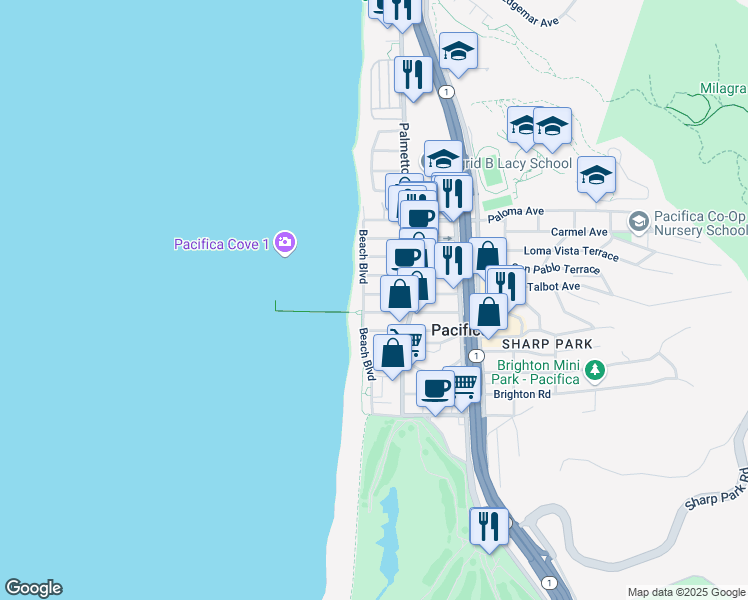 map of restaurants, bars, coffee shops, grocery stores, and more near 2100 Beach Boulevard in Pacifica