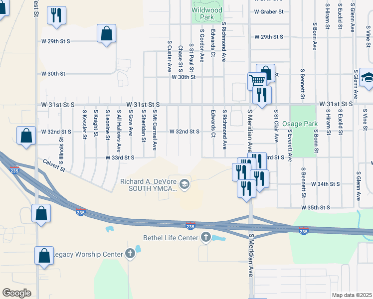 map of restaurants, bars, coffee shops, grocery stores, and more near 3354 Saint Paul South Street in Wichita