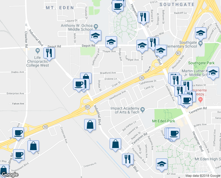 map of restaurants, bars, coffee shops, grocery stores, and more near 2610 Cryer Street in Hayward