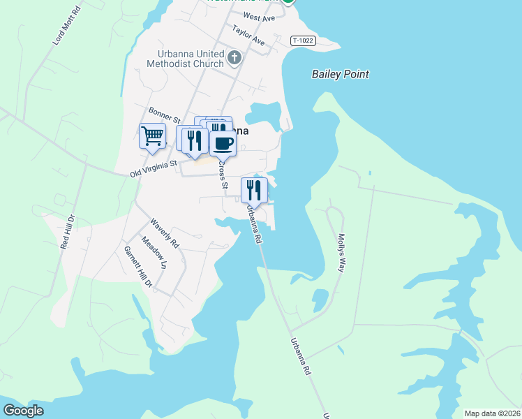 map of restaurants, bars, coffee shops, grocery stores, and more near 45-199 State Route 1004 in Urbanna