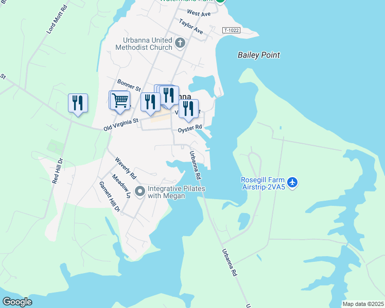 map of restaurants, bars, coffee shops, grocery stores, and more near Urbanna Road in Urbanna