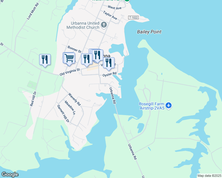 map of restaurants, bars, coffee shops, grocery stores, and more near Urbanna Road in Urbanna