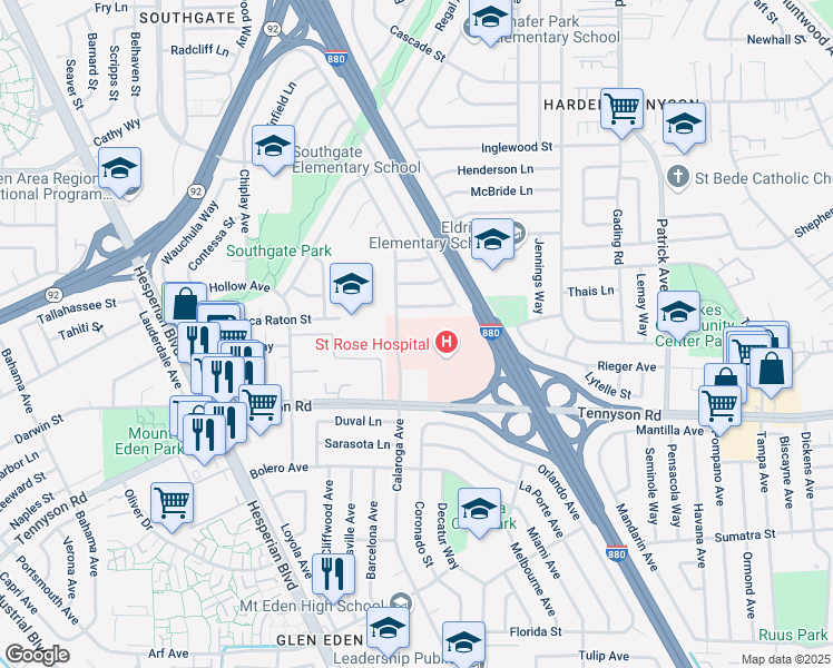map of restaurants, bars, coffee shops, grocery stores, and more near 27190 Calaroga Avenue in Hayward