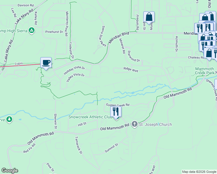map of restaurants, bars, coffee shops, grocery stores, and more near 453 Snowcreek Road in Mammoth Lakes