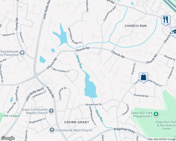 map of restaurants, bars, coffee shops, grocery stores, and more near 2408 Loreines Landing Lane in Richmond