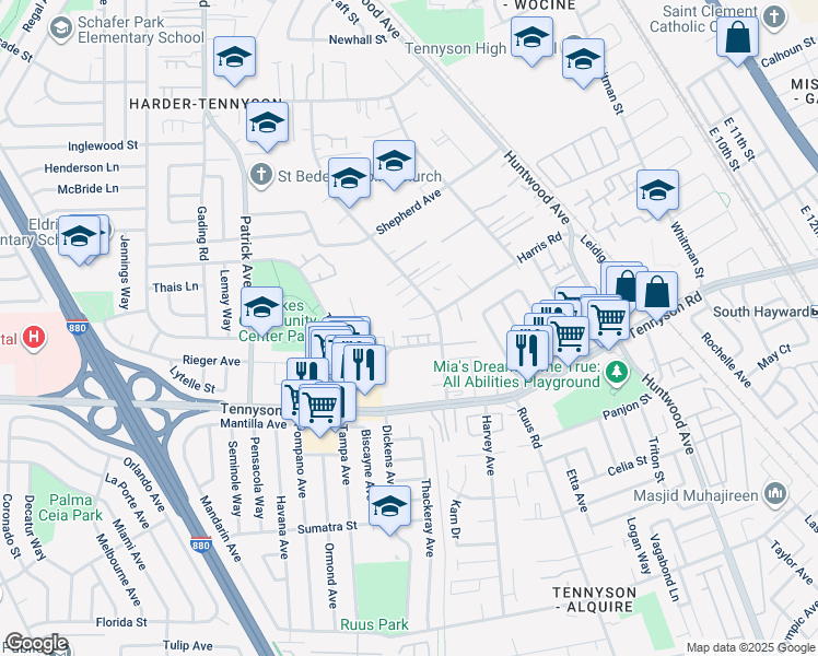 map of restaurants, bars, coffee shops, grocery stores, and more near 742 Harris Court in Hayward