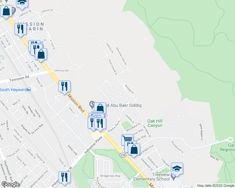 map of restaurants, bars, coffee shops, grocery stores, and more near 713 Canonbury Way in Hayward