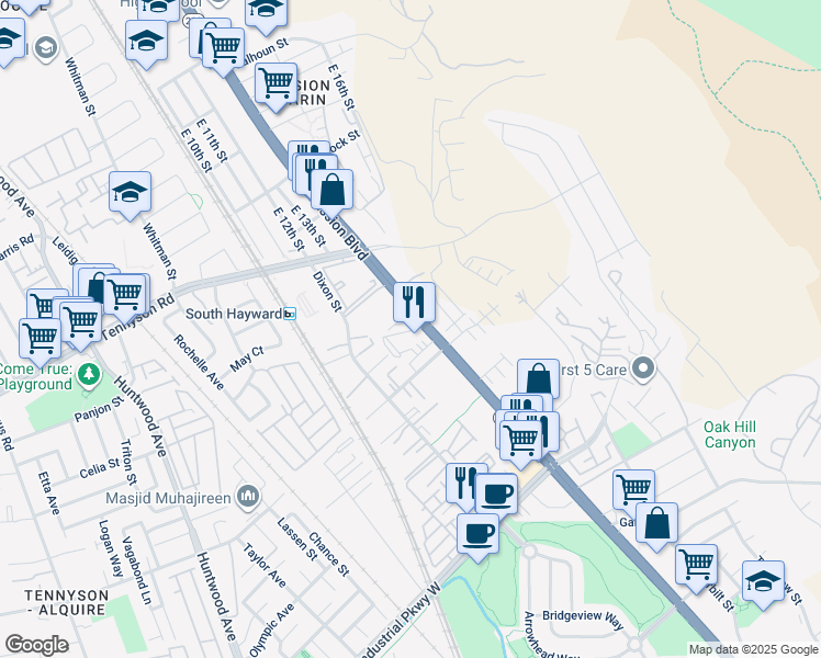 map of restaurants, bars, coffee shops, grocery stores, and more near 29131 Mission Boulevard in Hayward
