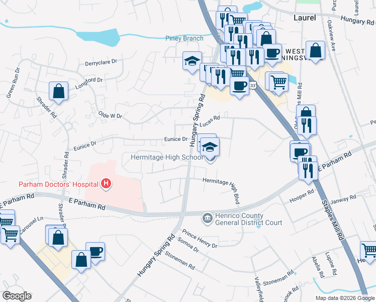 map of restaurants, bars, coffee shops, grocery stores, and more near 8406 Hungary Spring Road in Richmond