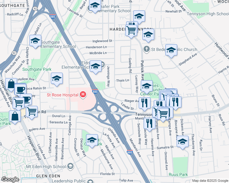 map of restaurants, bars, coffee shops, grocery stores, and more near 27159 Underwood Avenue in Hayward