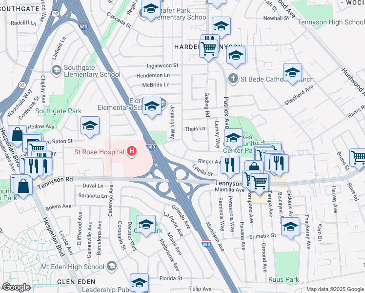 map of restaurants, bars, coffee shops, grocery stores, and more near 27159 Underwood Avenue in Hayward