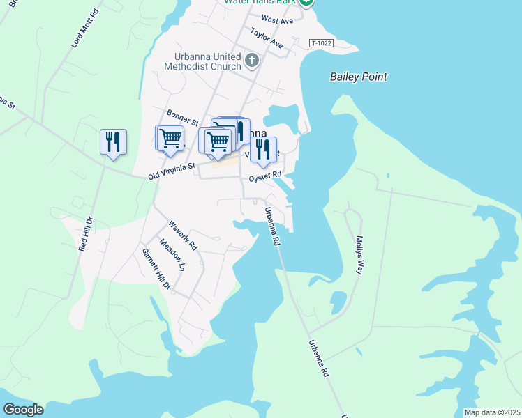 map of restaurants, bars, coffee shops, grocery stores, and more near 110 Watling Street in Urbanna