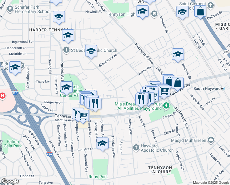 map of restaurants, bars, coffee shops, grocery stores, and more near 27525 Tyrrell Avenue in Hayward