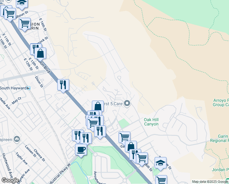 map of restaurants, bars, coffee shops, grocery stores, and more near 715 Heath Court in Hayward