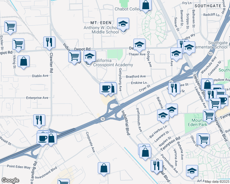 map of restaurants, bars, coffee shops, grocery stores, and more near 26250 Industrial Boulevard in Hayward