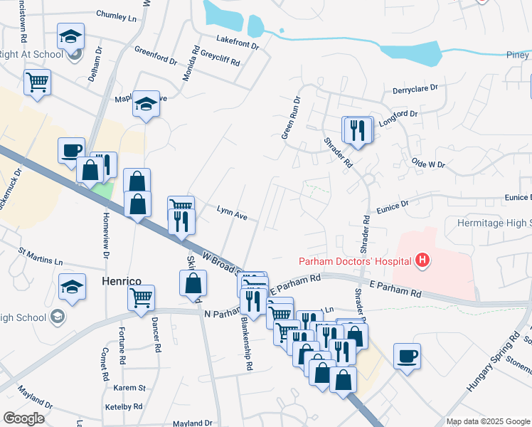 map of restaurants, bars, coffee shops, grocery stores, and more near 8140 Tonga Cart Lane in Henrico