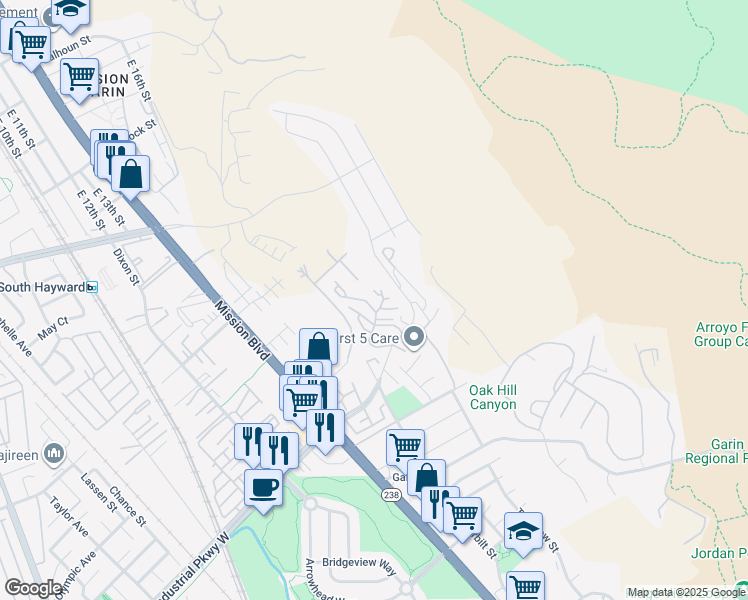 map of restaurants, bars, coffee shops, grocery stores, and more near 715 Heath Court in Hayward