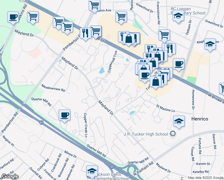 map of restaurants, bars, coffee shops, grocery stores, and more near 3500 Sundance Way in Henrico