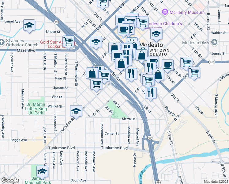 map of restaurants, bars, coffee shops, grocery stores, and more near 410 G Street in Modesto