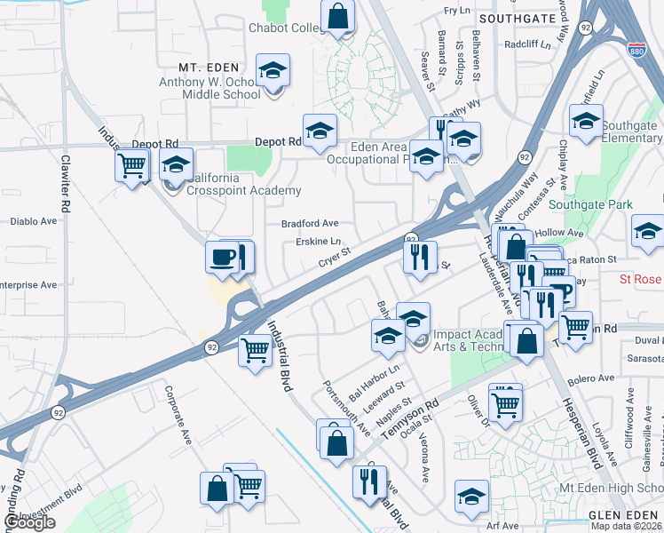 map of restaurants, bars, coffee shops, grocery stores, and more near 2610 Cryer Street in Hayward