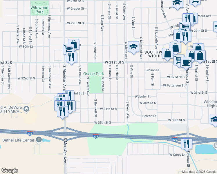 map of restaurants, bars, coffee shops, grocery stores, and more near 3335 South Hiram Street in Wichita