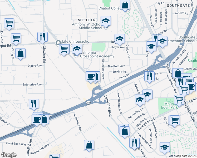map of restaurants, bars, coffee shops, grocery stores, and more near 26250 Industrial Boulevard in Hayward