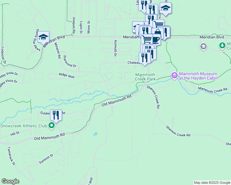 map of restaurants, bars, coffee shops, grocery stores, and more near 2 Meadow Rd in Bishop