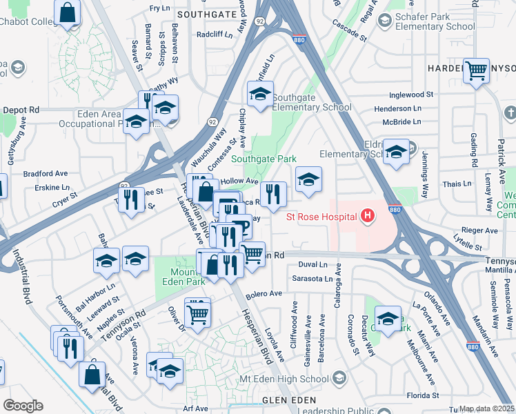 map of restaurants, bars, coffee shops, grocery stores, and more near 2038 Boca Raton Street in Hayward