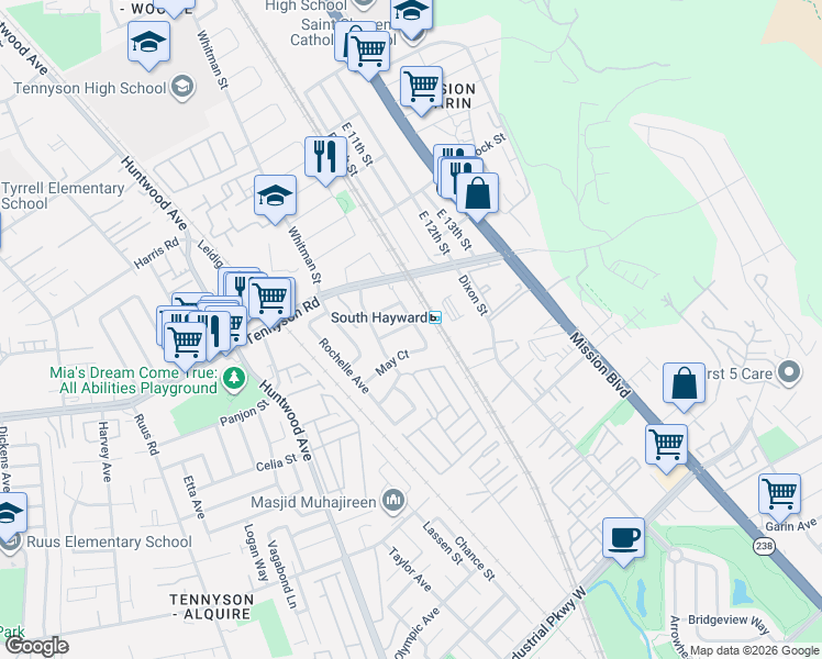 map of restaurants, bars, coffee shops, grocery stores, and more near 148 May Court in Hayward
