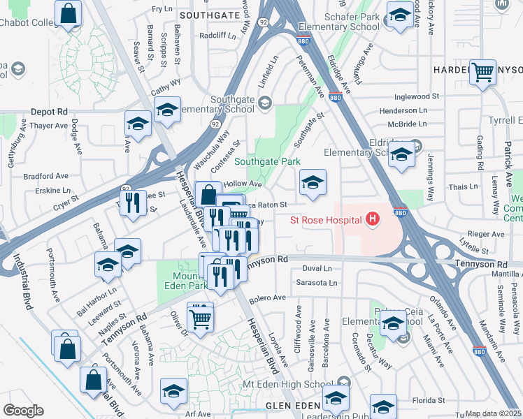 map of restaurants, bars, coffee shops, grocery stores, and more near 2038 Boca Raton Street in Hayward