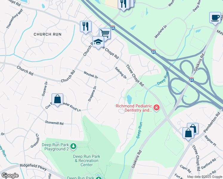 map of restaurants, bars, coffee shops, grocery stores, and more near 10807 Westek Drive in Henrico